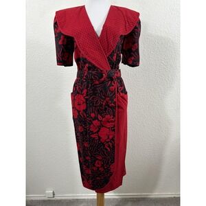 Vintage Brenner Dress Womens Large Black Red Wrap Belted Floral Polka Dot 80s